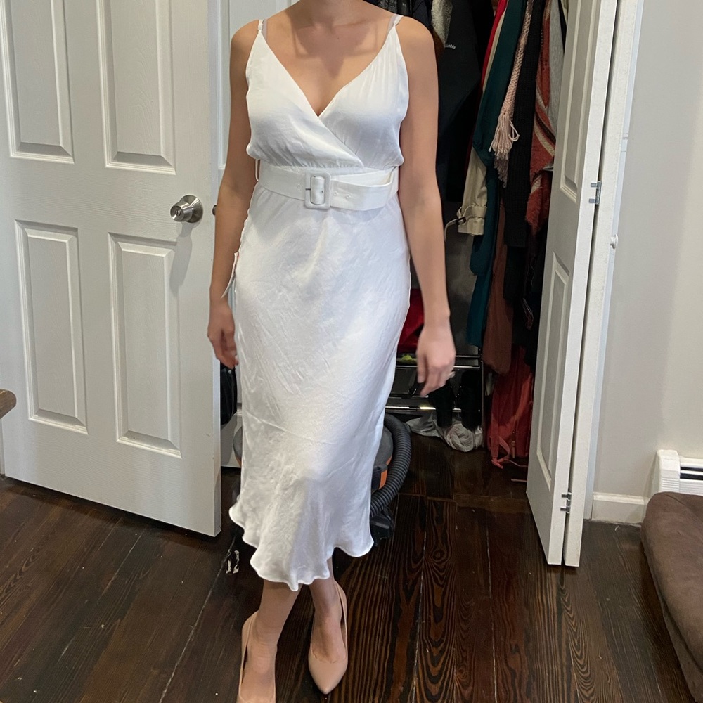 Revolve, ivory silky, strappy dress with belt MEDIUM